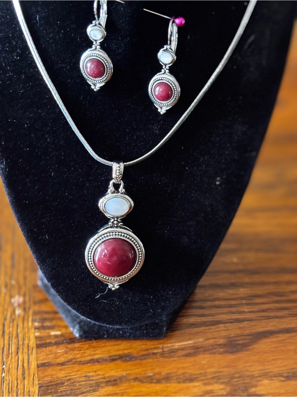 Lia Sophia Silver-Tone Necklace and Earring Set with Red and White Stones